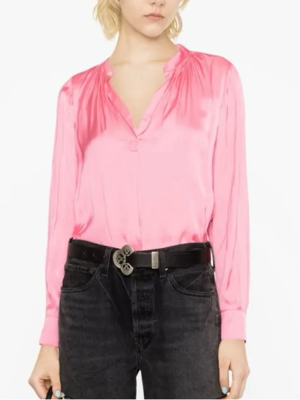 Zadig & Voltaire Blouse Top Womens S Tink Satin Vneck Long Sleeve Pink Glam - Picture 1 of 16